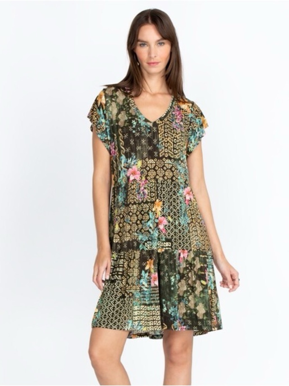 Johnny Was Olive Green Floral Patchwork V-Neck Mini Dress